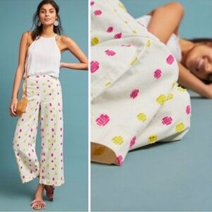 Anthropologie Ivory Wide-Leg Pants with Pink & Yellow Dot Print